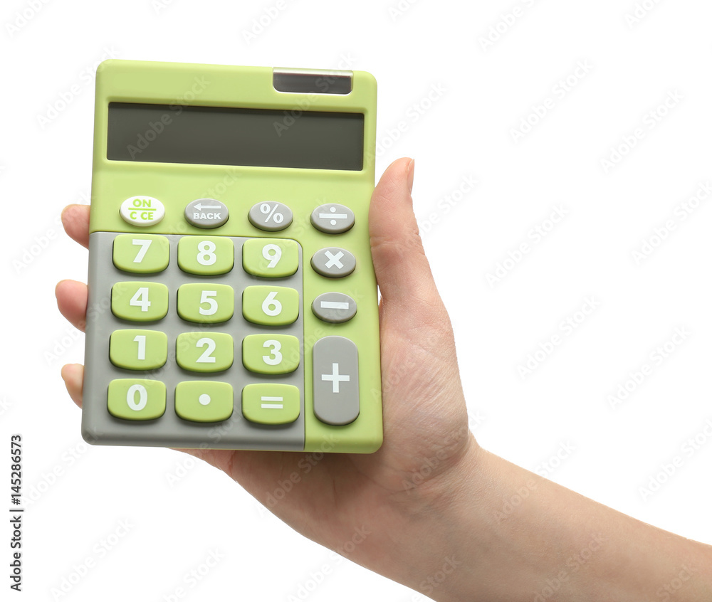 Female hand holding calculator, isolated on white Female hand holding calculator, isolated on white