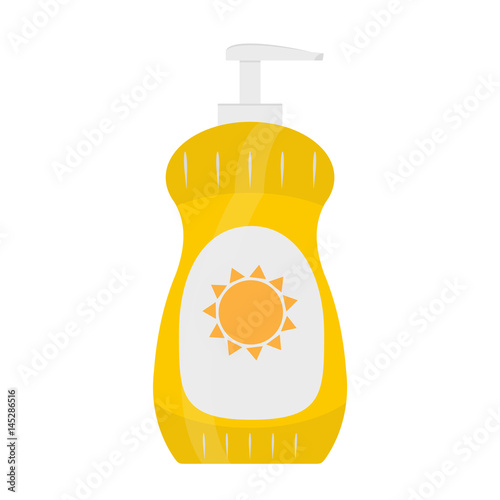 Bottle of sunscreen cream with lid and dispenser. Skin care and protection. Vector illustration