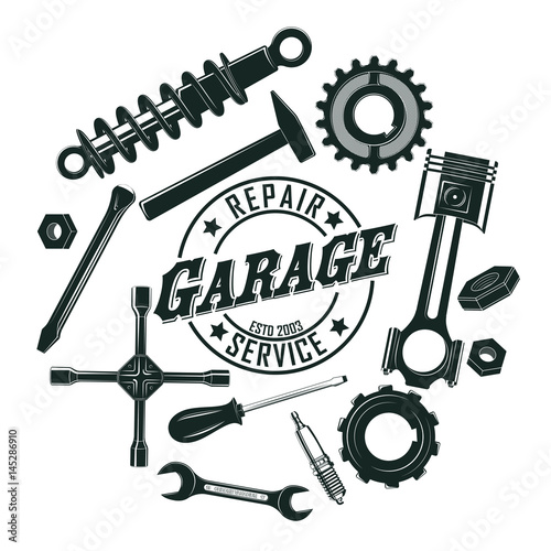 Monochrome Vintage Garage Tools Round Concept