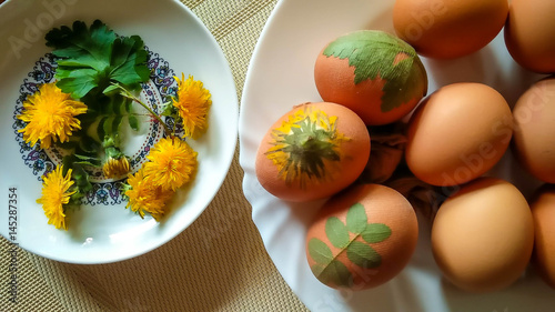 Coloring beautiful Easter eggs with leaf and flower pattern as decoration
