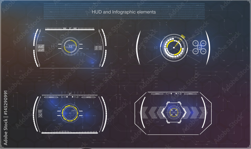 Set of futuristic blue infographics as head-up display. Display navigation elements for the web and app. Futuristic user interface. Virtual graphic. Vector. Set of futuristic blue infographics as head-up display. Display navigation elements for the web and app. Futuristic user interface. Virtual graphic. Vector.