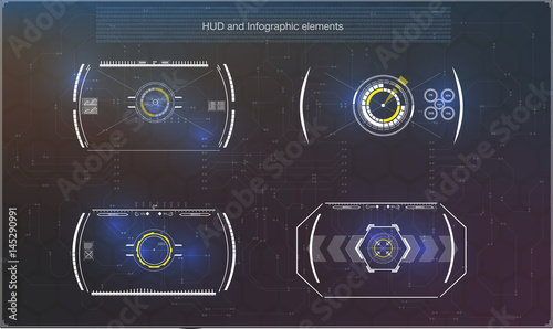Fototapeta Naklejka Na Ścianę i Meble -  Set of futuristic blue infographics as head-up display. Display navigation elements for the web and app. Futuristic user interface. Virtual graphic. Vector.