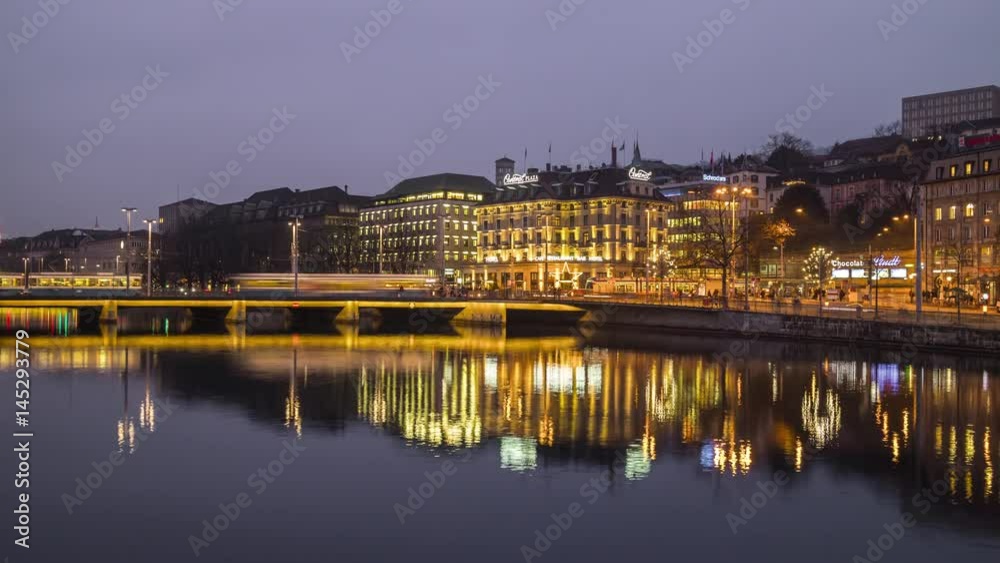 zurich twilight night light limmat river traffic street panorama 4k time lapse switzerland
