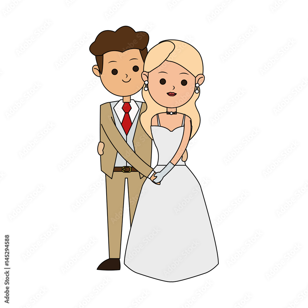 brunette groom and blonde bride icon image cute cartoon vector illustration design 