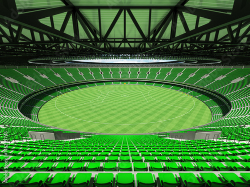 3D render of a round Australian rules football stadium with green seats and VIP boxes