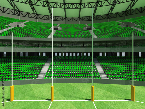 3D render of a round Australian rules football stadium with  green seats and VIP boxes