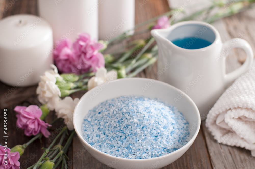 Beautiful spa composition with spring flowers and sea salt. Beautiful spa composition with spring flowers and sea salt.