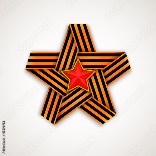 Star made of interlaced Saint George ribbon with Red star within. Vector illustration.