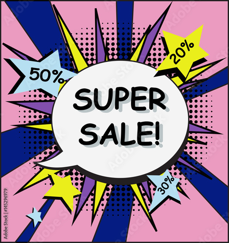 Super Sale Comic Banner Pop Art Halftone Style with Bubble. Cartoon Vector Illustration.