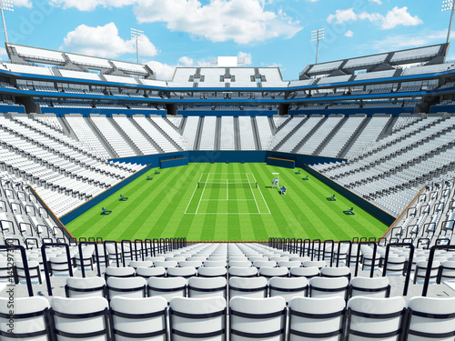 3D render of beautiful large modern tennis grass court stadium with white chairs