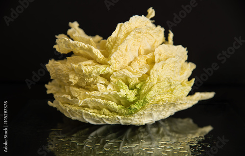 Fresh leaves of napa cabbage like a flower on a black background with drops of water photo