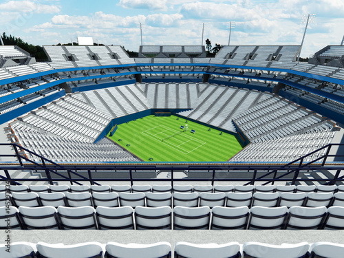 3D render of beautiful large modern tennis grass court stadium with white chairs