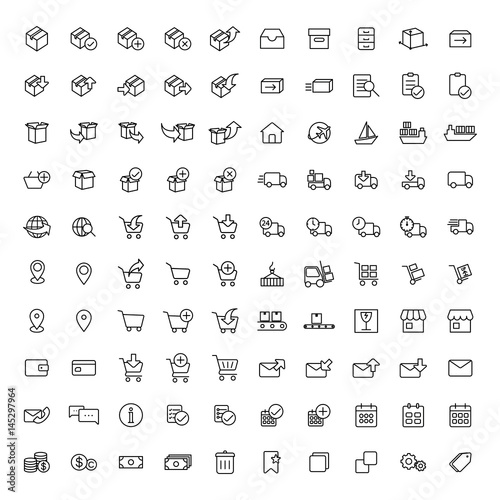 100 shopping, shipping and delivery thin line icons set on white background