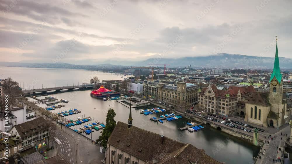 zurich city grossmunster view point famous cityscape lake panorama 4k time lapse switzerland
