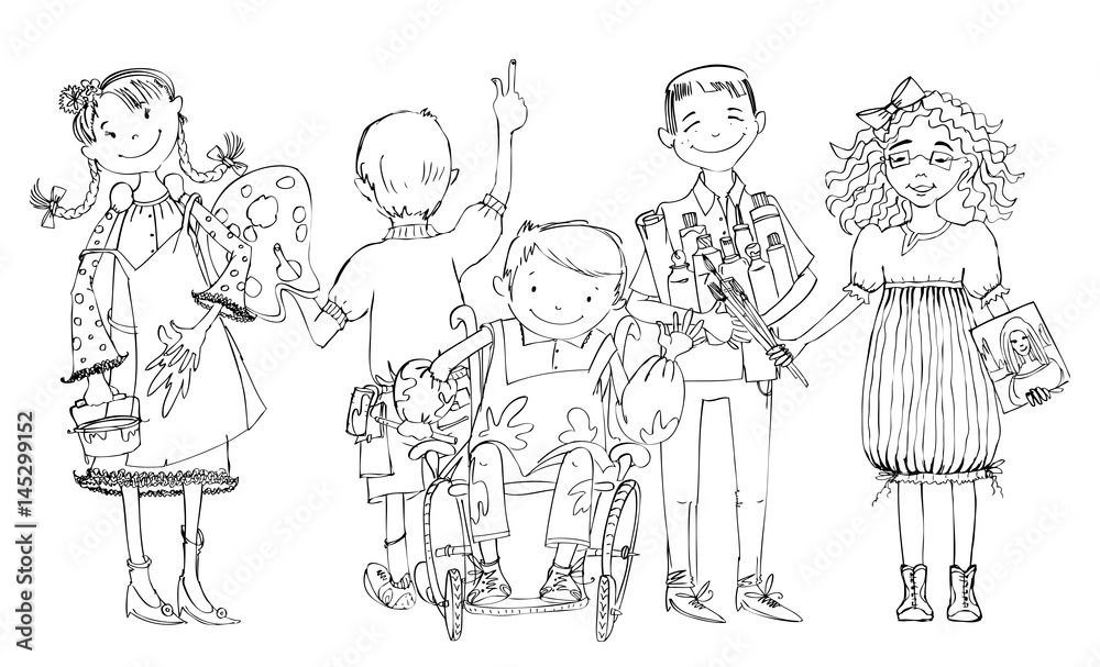 Group of children, include the boy in the wheel chair during the art lesson, drawing and enjoying activities. Educational concept Group of children, include the boy in the wheel chair during the art lesson, drawing and enjoying activities. Educational concept