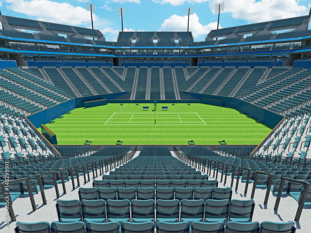 3D render of beautiful large modern tennis grass court stadium with blue chairs