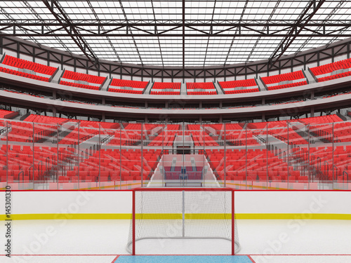 Beautiful sports arena for ice hockey with red seats  VIP boxes and floodlights for fifty thousand fans - 3D render