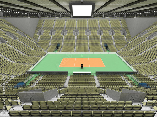 Beautiful sports arena for volleyball with olive green seats and VIP boxes