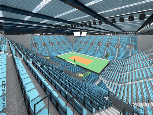 Beautiful sports arena for volleyball with sky blue seats and VIP boxes