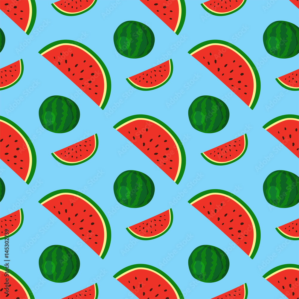 Cartoon fresh watermelon fruits in flat style seamless pattern food summer design vector illustration.