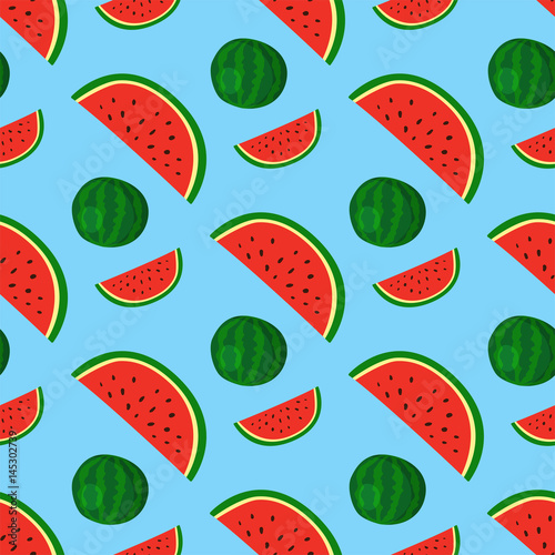 Fototapeta Naklejka Na Ścianę i Meble -  Cartoon fresh watermelon fruits in flat style seamless pattern food summer design vector illustration.