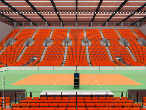 Beautiful sports arena for volleyball with orange seats and VIP boxes