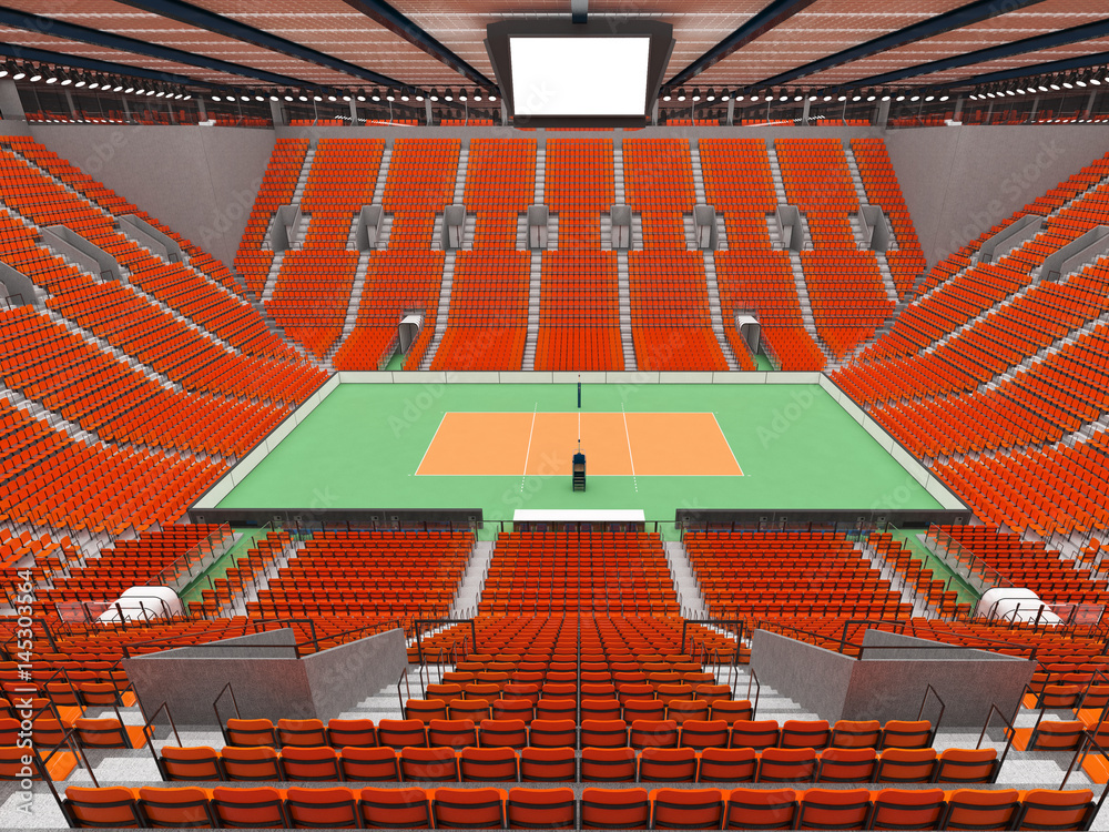 Beautiful sports arena for volleyball with orange seats and VIP boxes