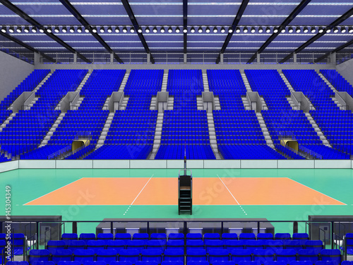 Beautiful sports arena for volleyball with blue seats and VIP boxes