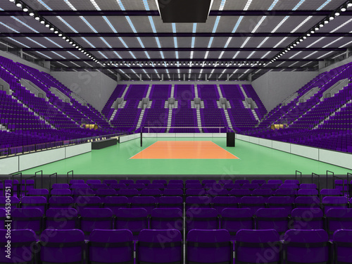 3D render of Beautiful sports arena for volleyball with purple seats and VIP boxes