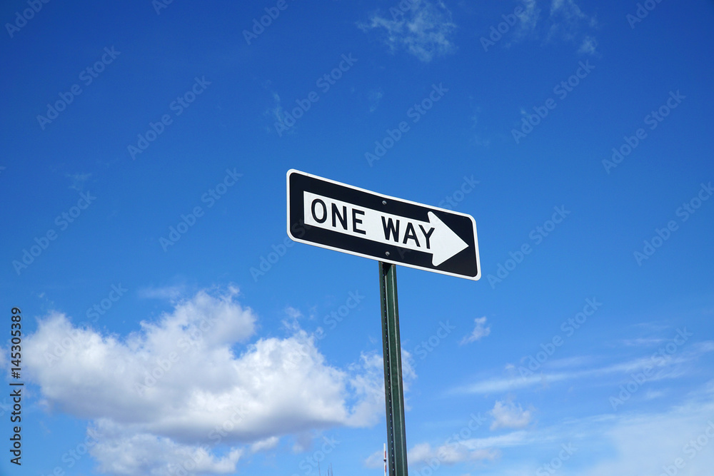 one way sign in front of blue sky and white cloud