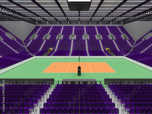 3D render of Beautiful sports arena for volleyball with purple seats and VIP boxes