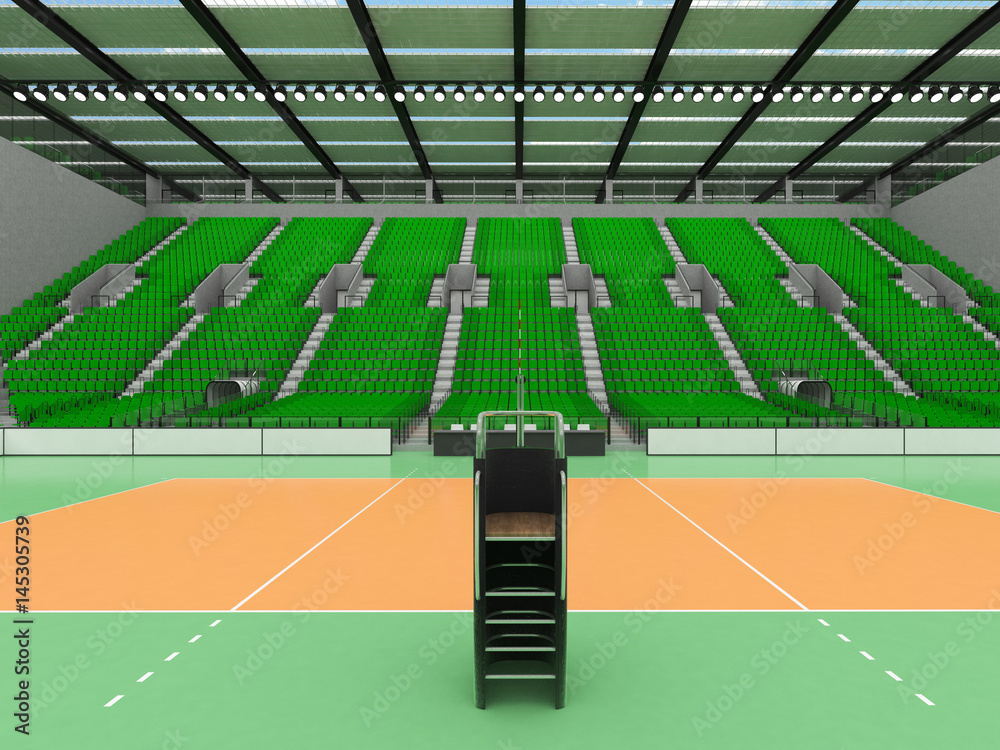 Obraz premium 3D render of beautiful sports arena for volleyball with green seats and VIP boxes