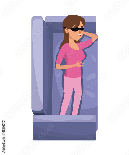 character woman with pink pajama and eye mask resting sofa vector illustration eps 10