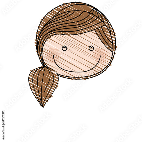 color pencil drawing of caricature front face girl with brown ponytail hair vector illustration