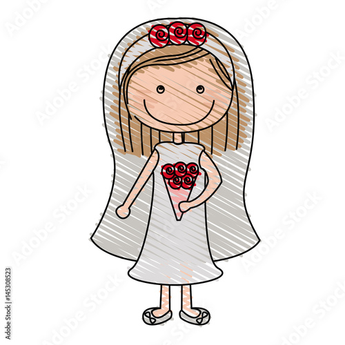 color pencil drawing of caricature woman in wedding dress with short hair vector illustration