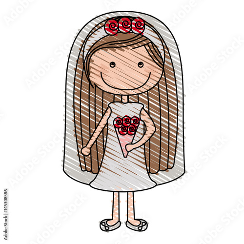 color pencil drawing of caricature woman in wedding dress with long hair vector illustration