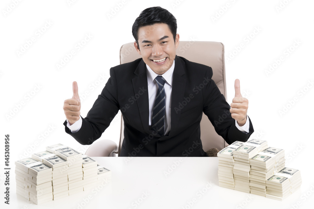 Businessman raise his hand and held the thumb to show excellent