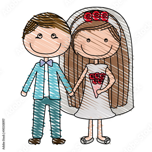 color pencil drawing of caricature groom with formal suit and bride with long hair vector illustration