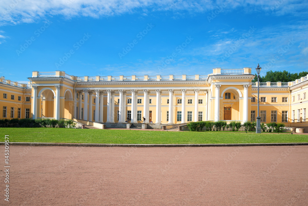 The facade of the Alexander Palace on a sunny July day. Tsarskoye Selo, St. Petersburg, Russia