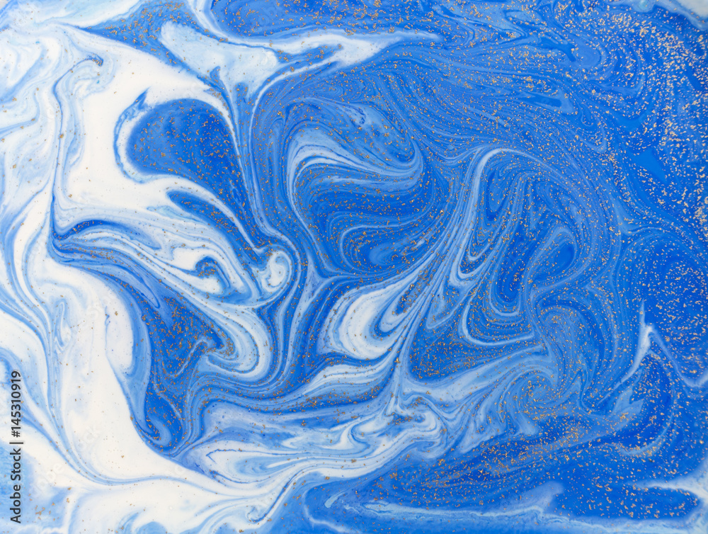 Blue liquid texture. Watercolor hand drawn marbling illustration. Ink marble background.