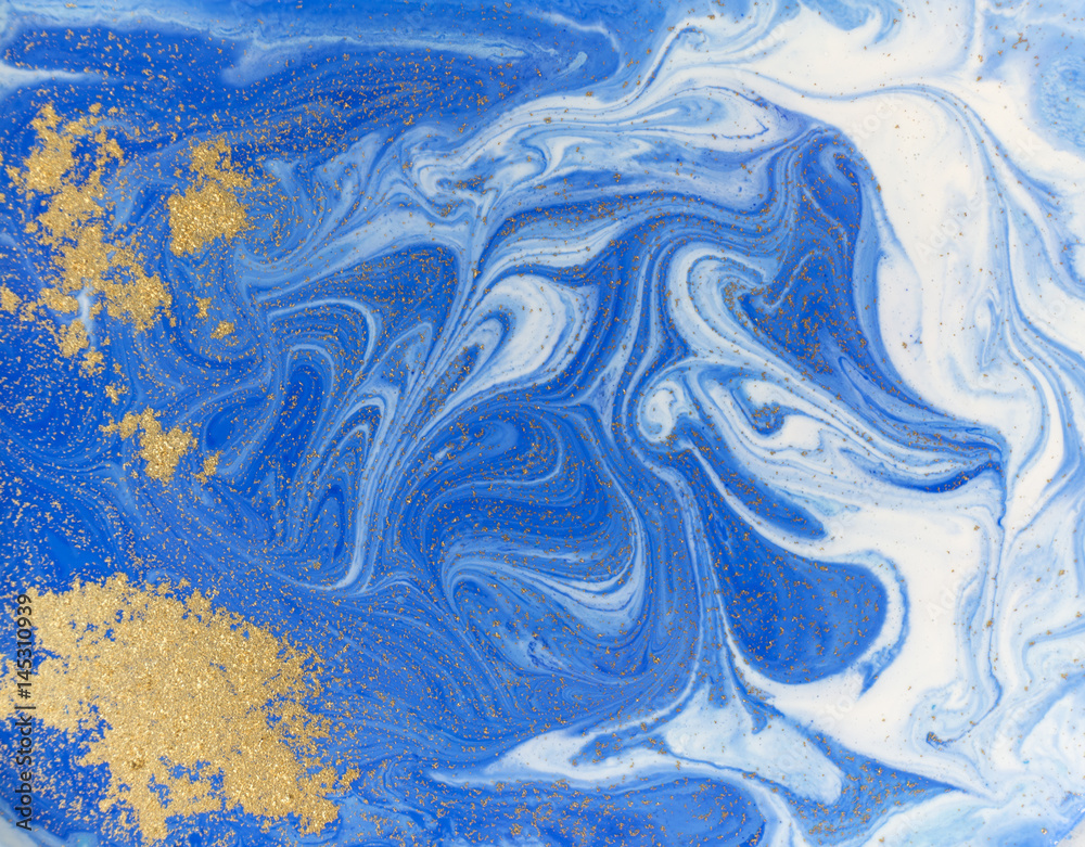 Blue and golden liquid texture. Watercolor hand drawn marbling illustration. Ink marble background. Blue and golden liquid texture. Watercolor hand drawn marbling illustration. Ink marble background.
