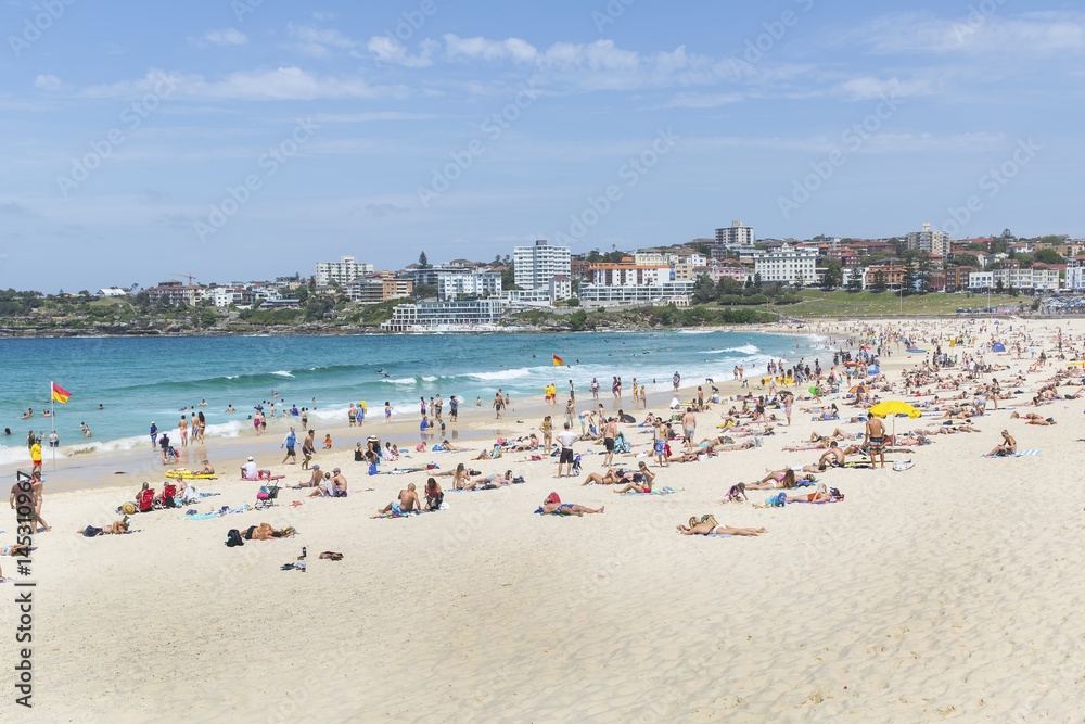 People swimming and sun bathing at Bondi Beach, Sydney on a sunny day