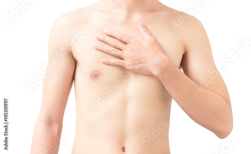 Closeup man hand holding chest with pain on white background, health care and medical concept