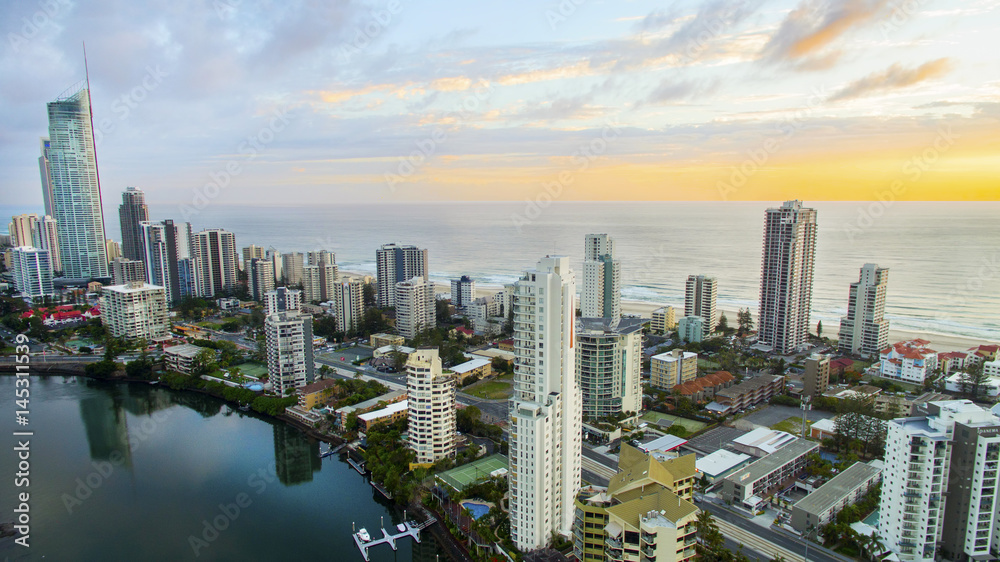Aerial view of sunrise at Surfers Paradise Gold Coast with the Q1 building