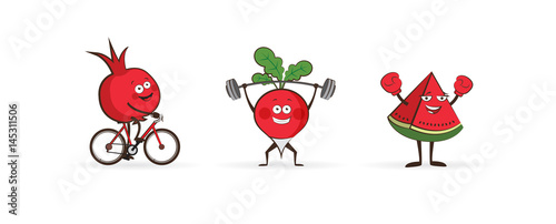 Set of fruits and vegetables doing sport. illustration isolated on white background. Cute and focused fruits and vegetable characters