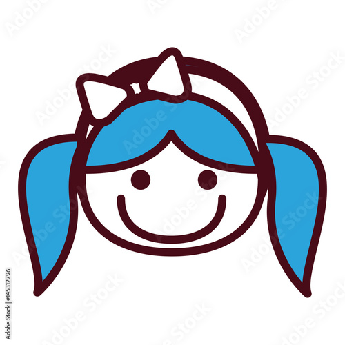 hand drawing silhouette front face girl with blue pigtails hairstyle and bow lace vector illustration