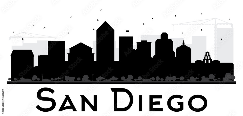 San Diego City skyline black and white silhouette.