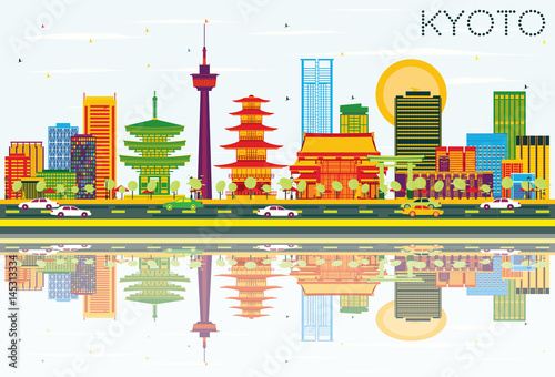Kyoto Skyline with Color Buildings, Blue Sky and Reflections.