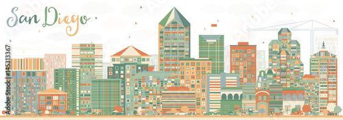 Abstract San Diego Skyline with Color Buildings.