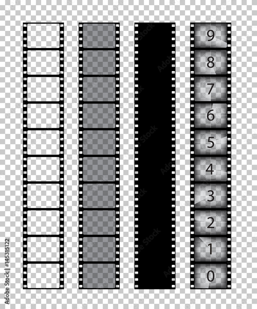 Vector isolated film strips on transparent background.